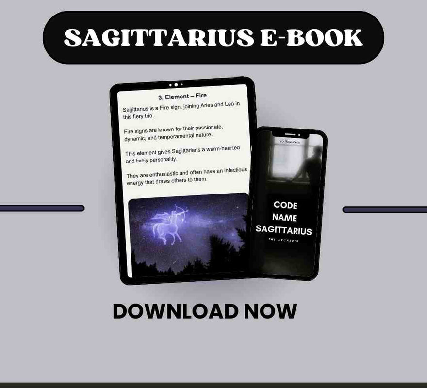 A digital tablet displays the open pages of an ebook for Sagittarius. The screen shows the content of the book, which features over 100 pages available for instant PDF download.