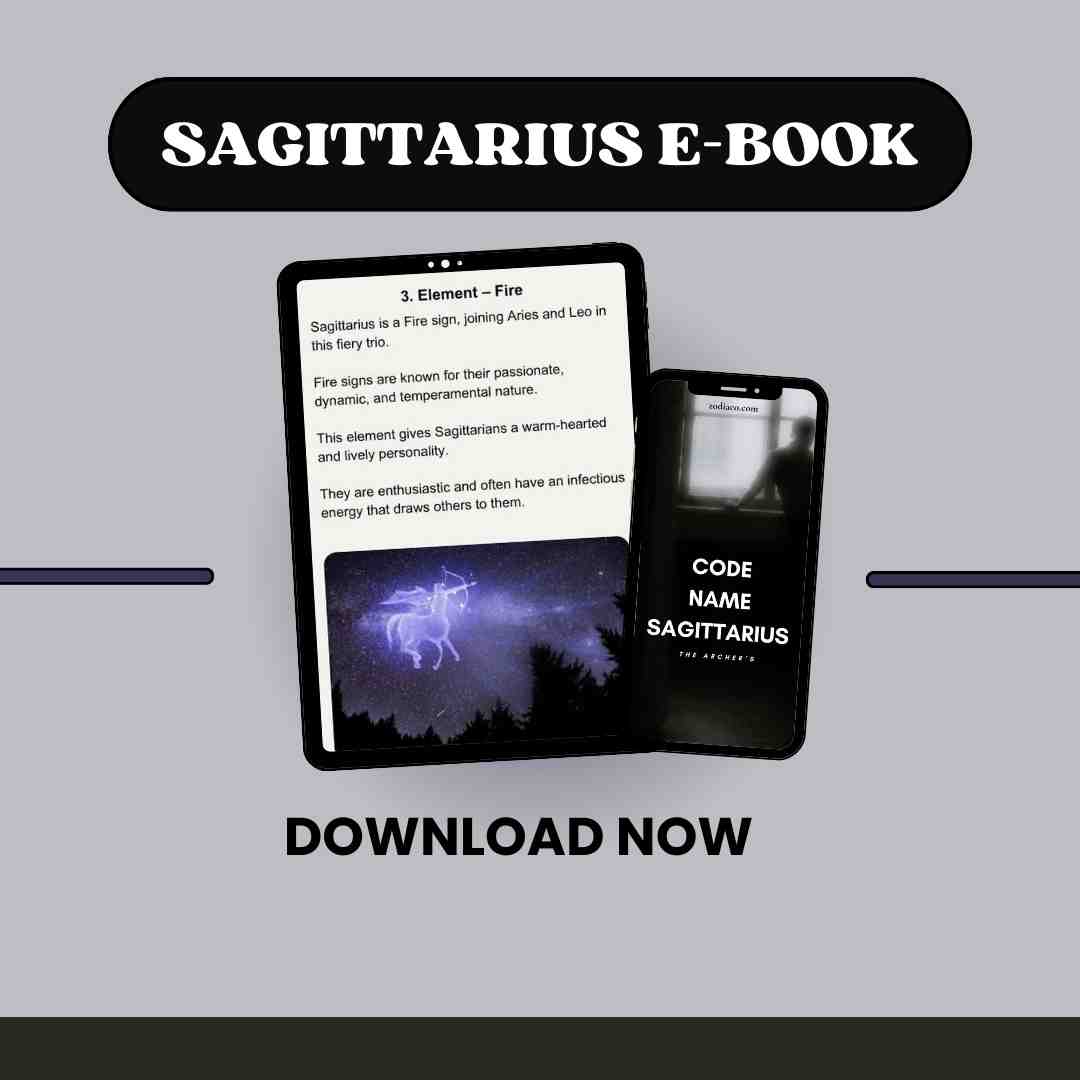A digital tablet displays the open pages of an ebook for Sagittarius. The screen shows the content of the book, which features over 100 pages available for instant PDF download.