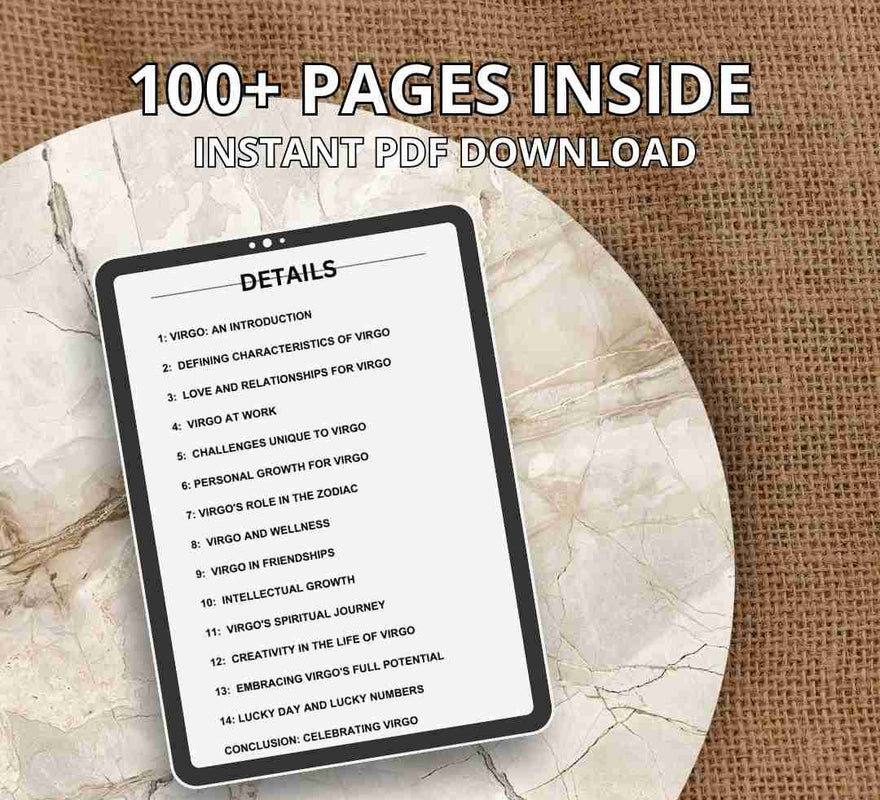 A digital tablet displays the open pages of an ebook for Virgo. The screen shows the content of the book, which features over 100 pages available for instant PDF download.