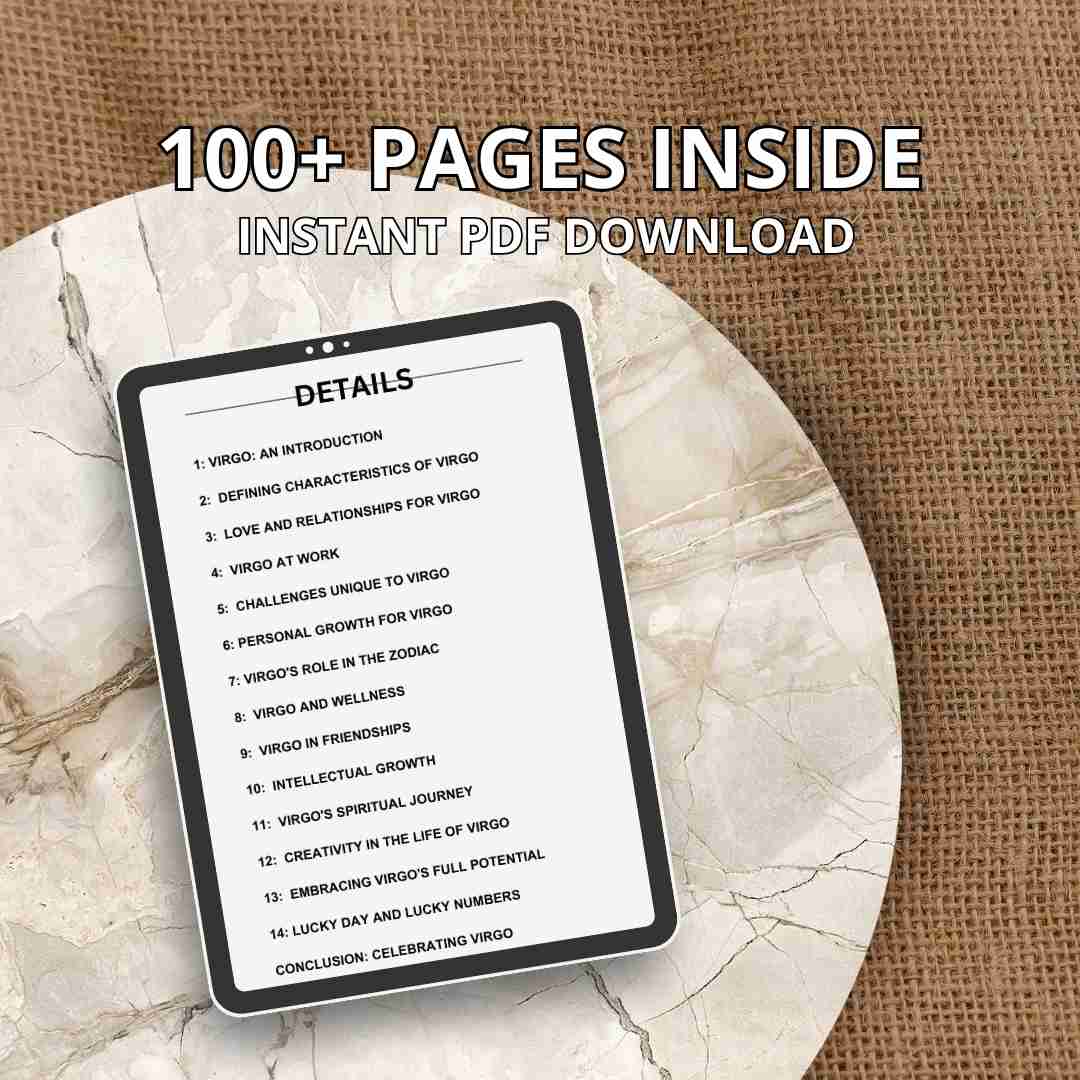 A digital tablet displays the open pages of an ebook for Virgo. The screen shows the content of the book, which features over 100 pages available for instant PDF download.