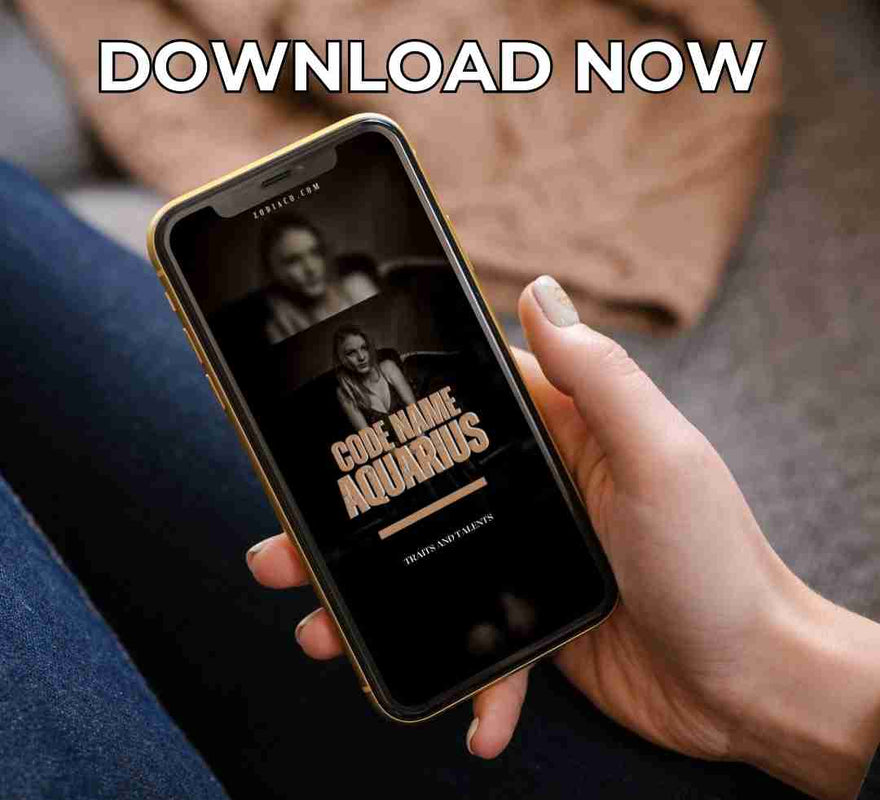 An image of a smartphone displaying the cover of an Aquarius ebook. The cover is vibrant and detailed, and the caption below indicates the book is available for immediate download.
