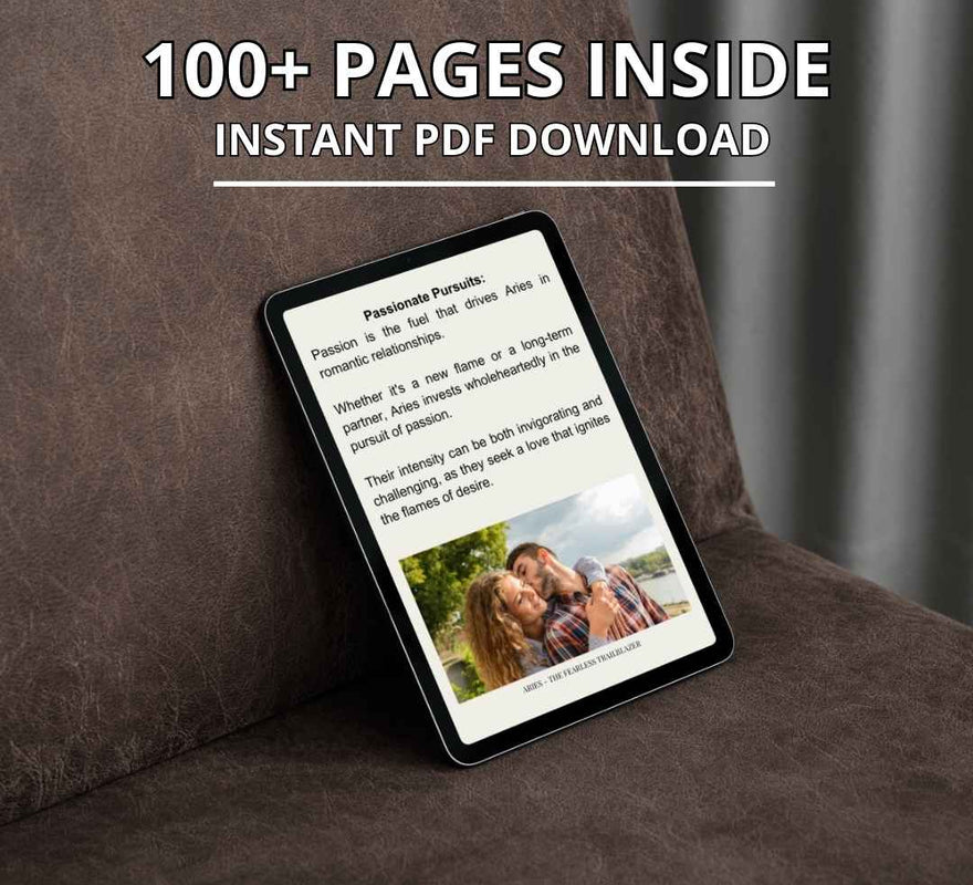 A digital tablet displays the open pages of an ebook for Aries. The screen shows the content of the book, which features over 100 pages available for instant PDF download.