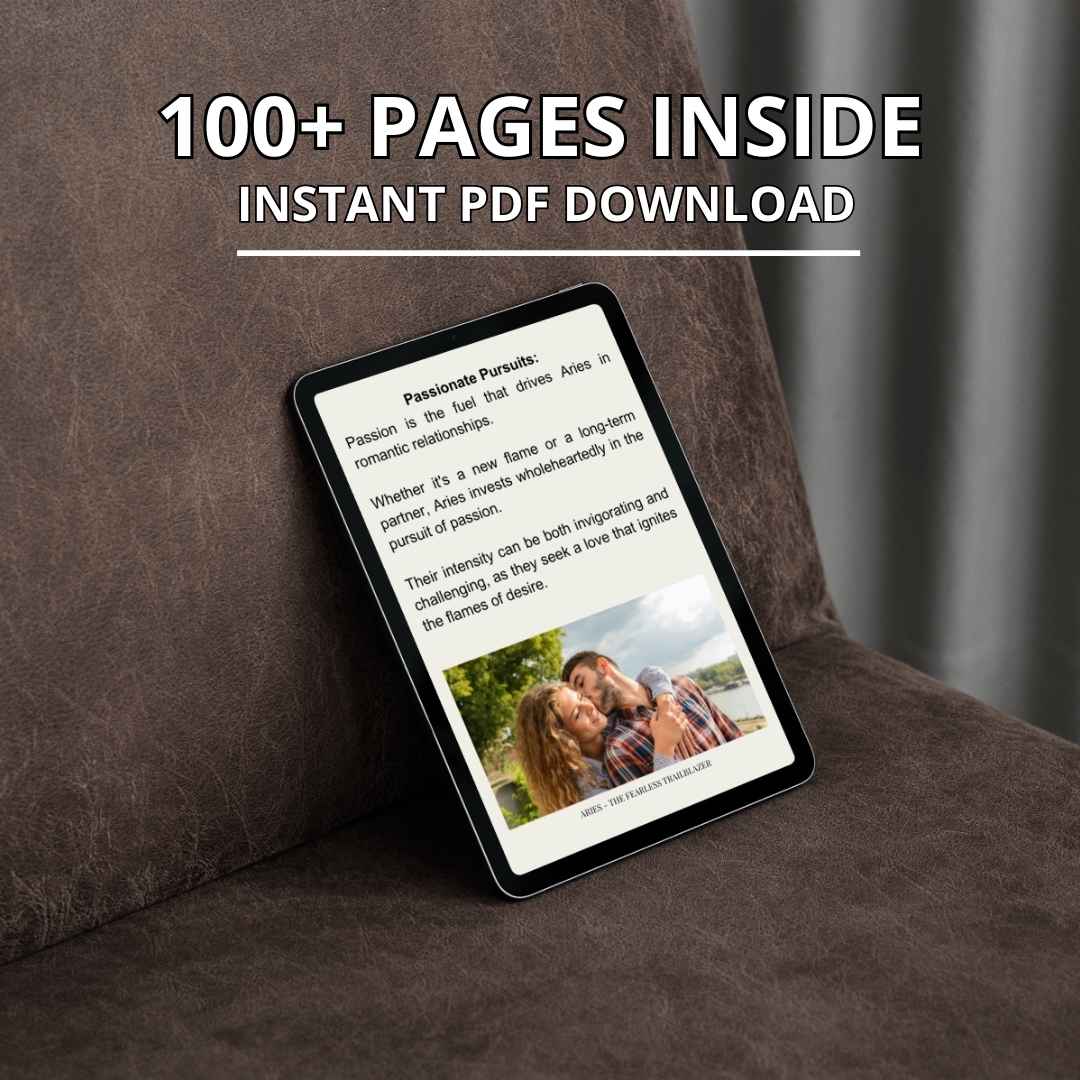 A digital tablet displays the open pages of an ebook for Aries. The screen shows the content of the book, which features over 100 pages available for instant PDF download.