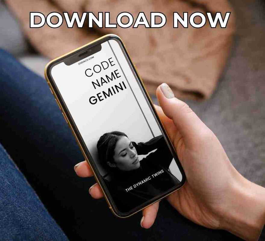 An image of a smartphone displaying the cover of an Gemini ebook. The cover is vibrant and detailed, and the caption below indicates the book is available for immediate download.