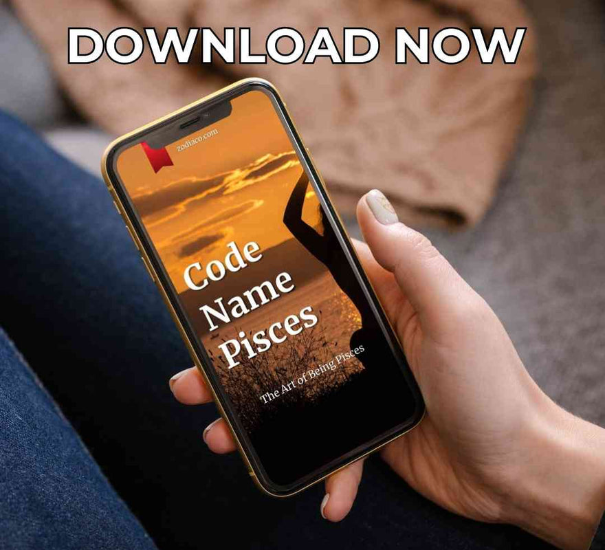 An image of a smartphone displaying the cover of an Pisces ebook. The cover is vibrant and detailed, and the caption below indicates the book is available for immediate download.