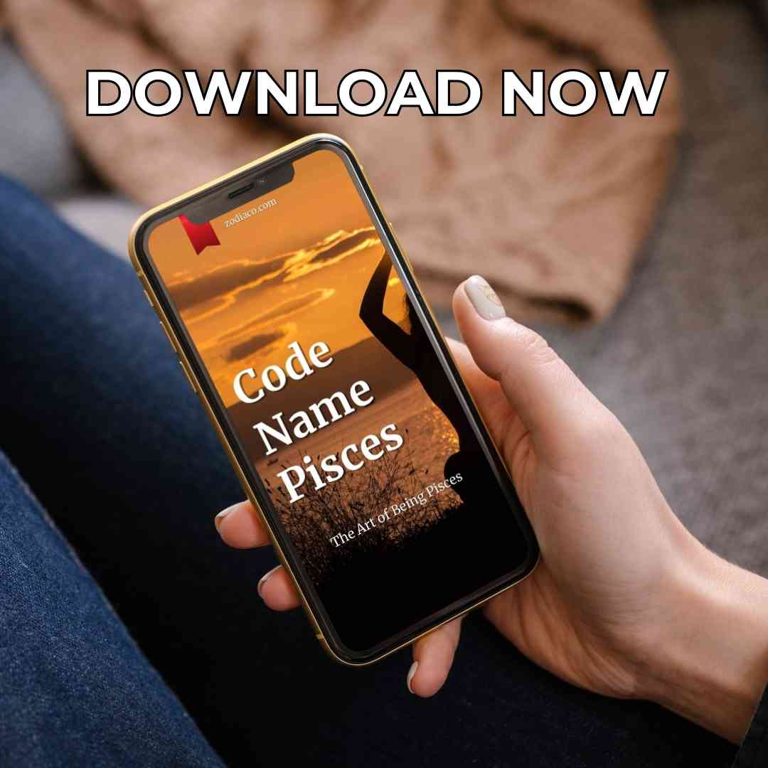 An image of a smartphone displaying the cover of an Pisces ebook. The cover is vibrant and detailed, and the caption below indicates the book is available for immediate download.