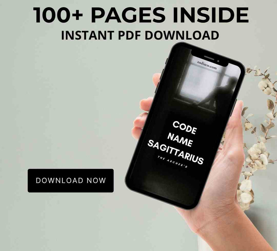 An image of a smartphone displaying the cover of an Sagittarius ebook. The cover is vibrant and detailed, and the caption below indicates the book is available for immediate download.