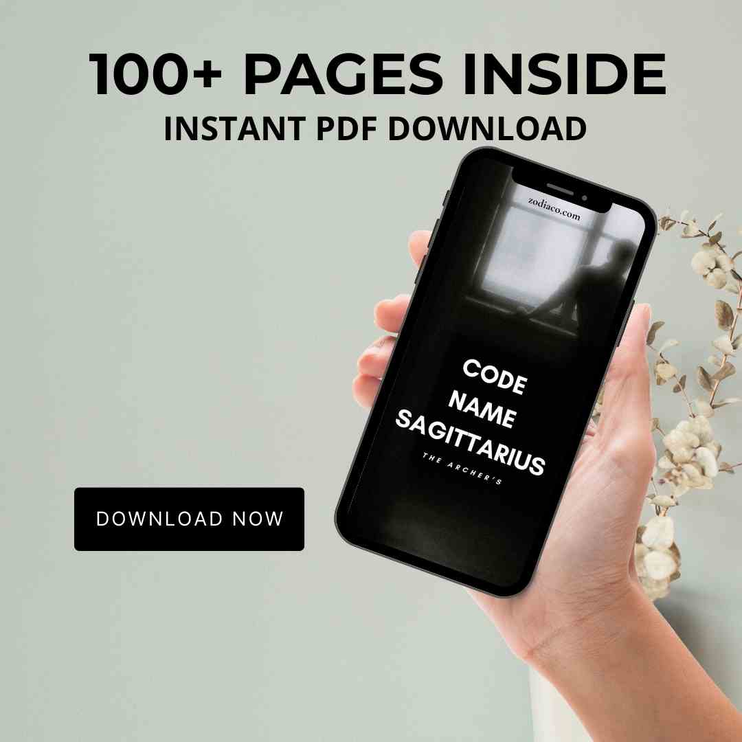 An image of a smartphone displaying the cover of an Sagittarius ebook. The cover is vibrant and detailed, and the caption below indicates the book is available for immediate download.