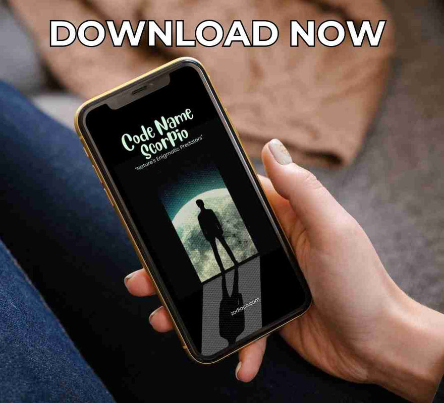 An image of a smartphone displaying the cover of an Scorpio ebook. The cover is vibrant and detailed, and the caption below indicates the book is available for immediate download.