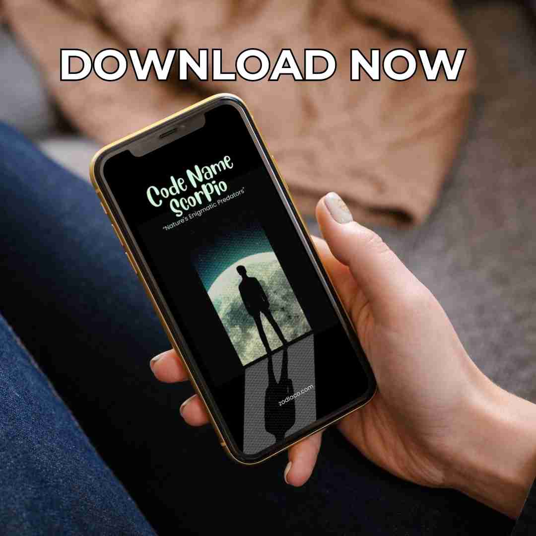 An image of a smartphone displaying the cover of an Scorpio ebook. The cover is vibrant and detailed, and the caption below indicates the book is available for immediate download.