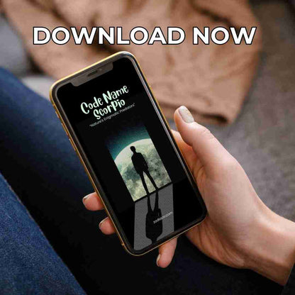 An image of a smartphone displaying the cover of an Scorpio ebook. The cover is vibrant and detailed, and the caption below indicates the book is available for immediate download.
