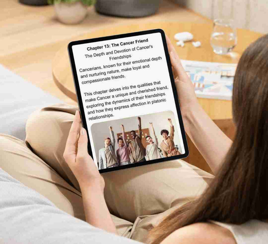 A digital tablet displays the open pages of an ebook for Cancer zodiac sign . The screen shows the content of the book, which features over 100 pages available for instant PDF download.