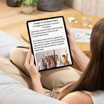 A digital tablet displays the open pages of an ebook for Cancer zodiac sign . The screen shows the content of the book, which features over 100 pages available for instant PDF download.