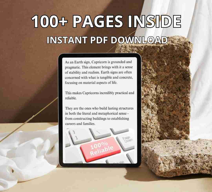 A digital tablet displays the open pages of an ebook for Capricorn zodiac sign. The screen shows the content of the book, which features over 100 pages available for instant PDF download.