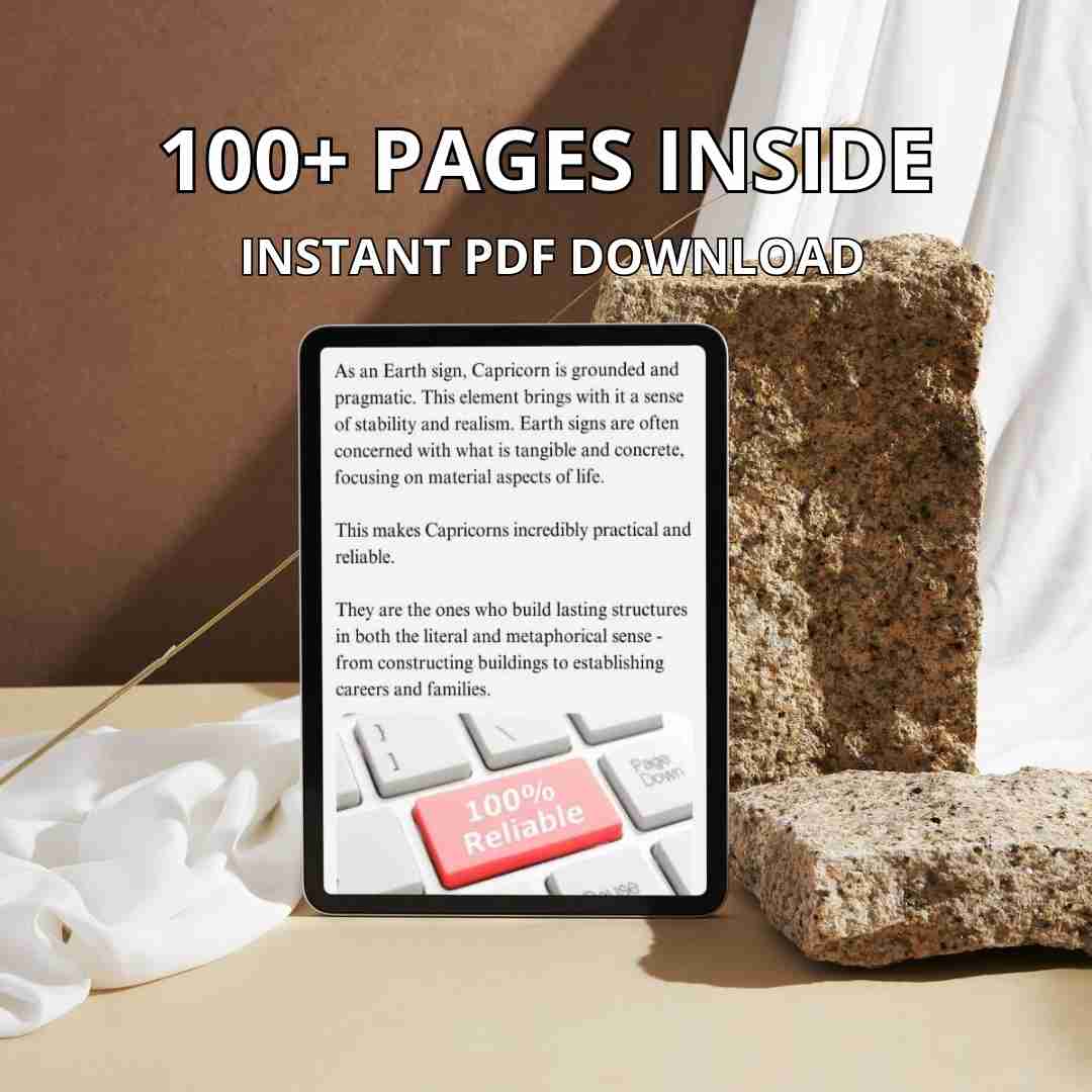 A digital tablet displays the open pages of an ebook for Capricorn zodiac sign. The screen shows the content of the book, which features over 100 pages available for instant PDF download.