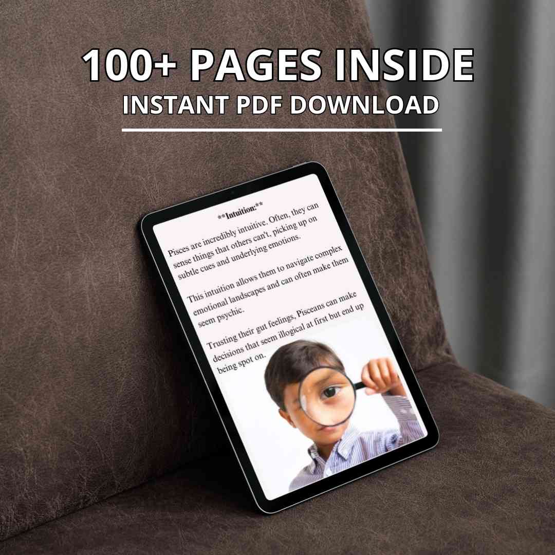 A digital tablet displays the open pages of an ebook for Pisces sign. The screen shows the content of the book, which features over 100 pages available for instant PDF download.