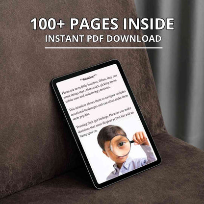 A digital tablet displays the open pages of an ebook for Pisces sign. The screen shows the content of the book, which features over 100 pages available for instant PDF download.