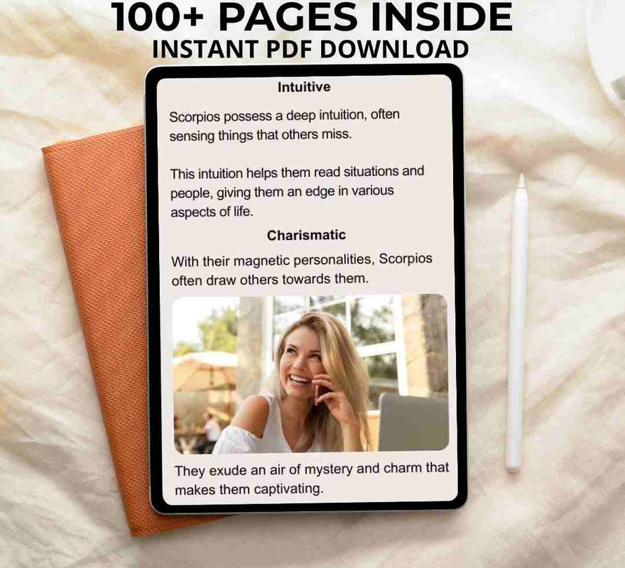 A digital tablet displays the open pages of an ebook for Scorpio sign. The screen shows the content of the book, which features over 100 pages available for instant PDF download.