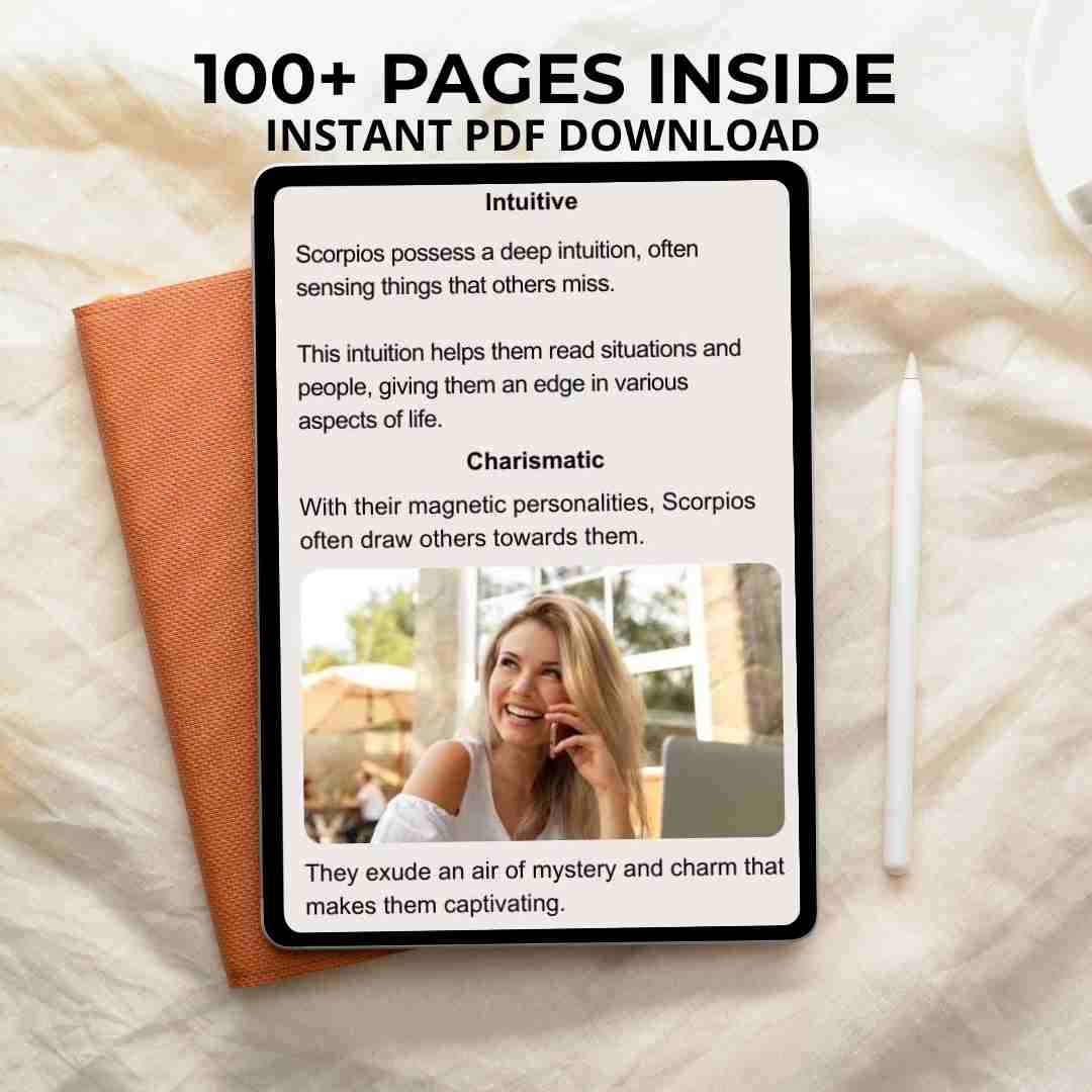 A digital tablet displays the open pages of an ebook for Scorpio sign. The screen shows the content of the book, which features over 100 pages available for instant PDF download.