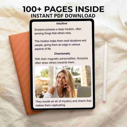 A digital tablet displays the open pages of an ebook for Scorpio sign. The screen shows the content of the book, which features over 100 pages available for instant PDF download.