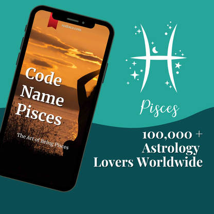 Phone displaying 'Code Name Pisces' with Pisces zodiac symbol and text on a teal background