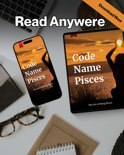 Promotional image of 'Code Name Pisces' with a phone and tablet displaying the book cover, set against a desk background.