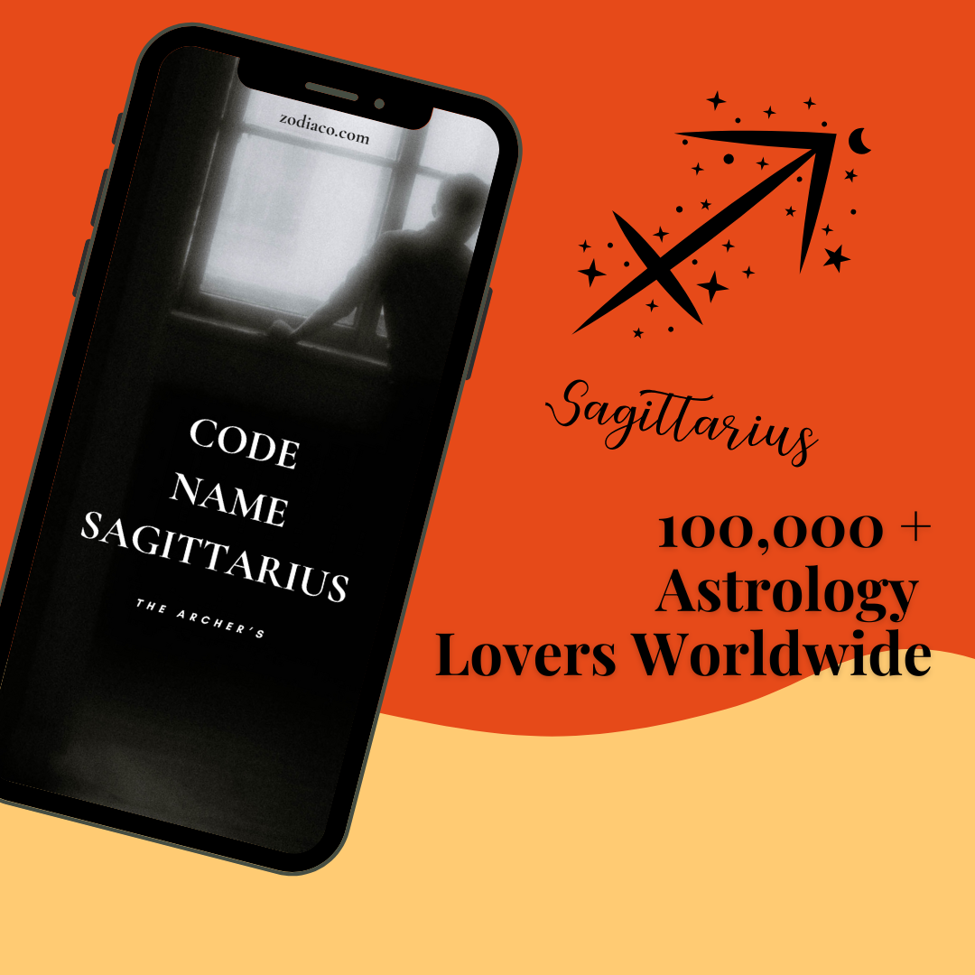 Phone displaying 'Code Name Sagittarius' app with Sagittarius zodiac symbol on orange background