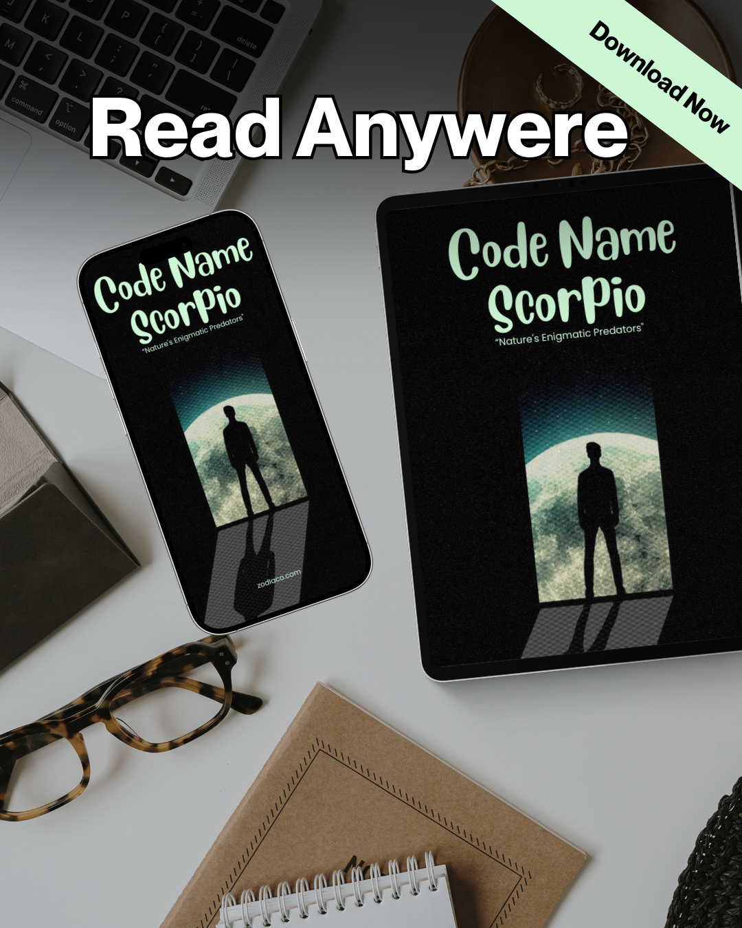 "Tablet and phone displaying the Scorpio Zodiac eBook in a flat lay with notebook and coffee, symbolizing daily astrology practice. Digital astrology eBook for Scorpio."