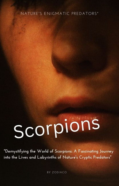 "Digital eBook cover titled 'Scorpions: Nature's Enigmatic Predators', designed for readers interested in the Scorpio zodiac sign, featuring an artistic representation of a scorpion symbolising the characteristics of Scorpio, complemented by bold and engaging fonts."