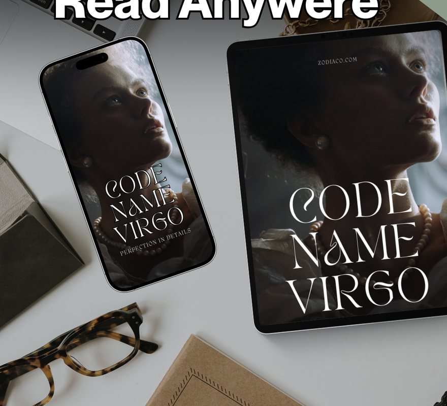 "Tablet and phone displaying the Virgo Zodiac eBook in a flat lay with notebook and coffee, symbolizing daily astrology practice. Digital astrology eBook for Virgo."