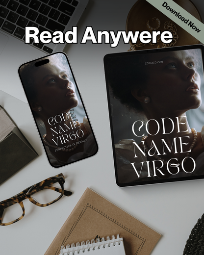 "Tablet and phone displaying the Virgo Zodiac eBook in a flat lay with notebook and coffee, symbolizing daily astrology practice. Digital astrology eBook for Virgo."
