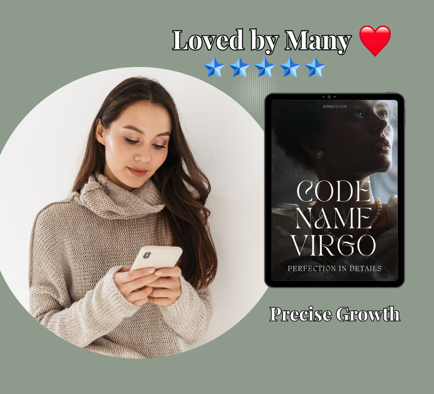 A smiling woman holds up her phone, which displays a 5-star review for a Virgo zodiac sign eBook. A tablet mock-up with the eBook's cover is digitally inserted into the image, highlighting the product being reviewed.