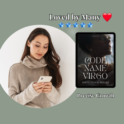 A smiling woman holds up her phone, which displays a 5-star review for a Virgo zodiac sign eBook. A tablet mock-up with the eBook's cover is digitally inserted into the image, highlighting the product being reviewed.