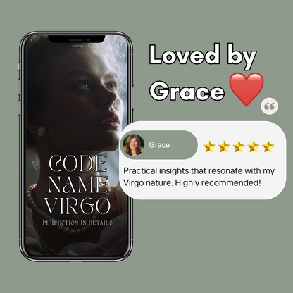 Phone displaying  "Virgo cover eBook" with a review from 'Loved by Grace' on a grey background